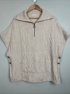 YERSE Wool Alpaca acrylic blend Cable-Knit Half-Zip Poncho Shall Oatmeal Cream